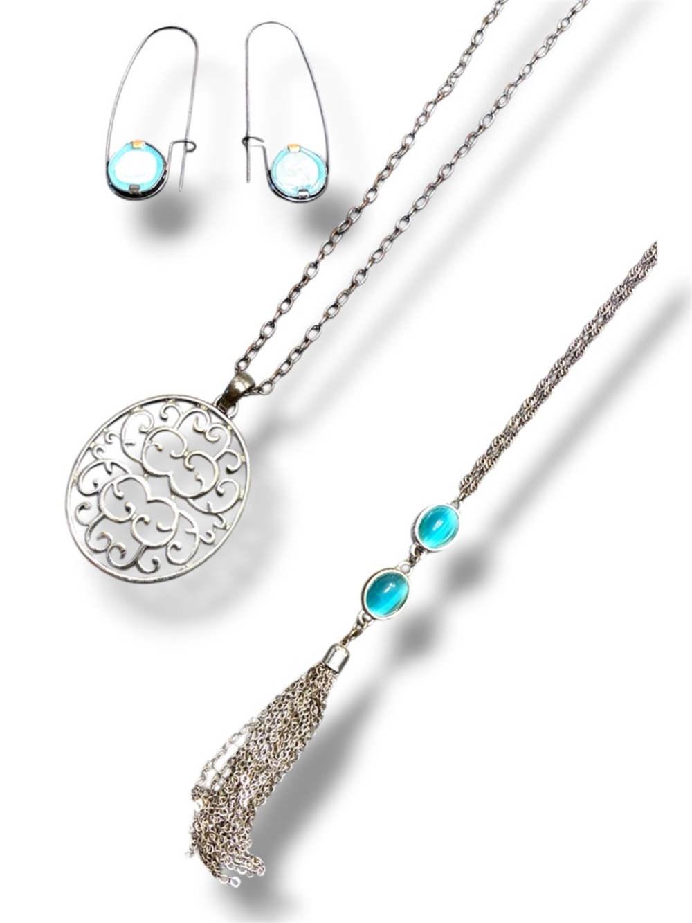 🩵Boho Necklace & Earrings Lot Turquoise Statement Tassel Pendant Layered Jewelry